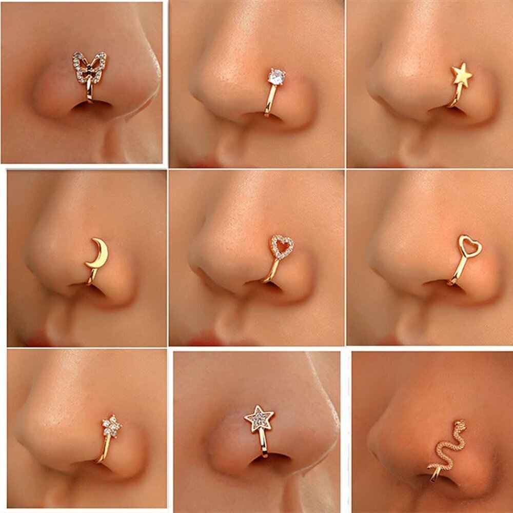 9 pcs Fake Nose Rings Body Jewelry Non Piercing Clip Earrings Gold